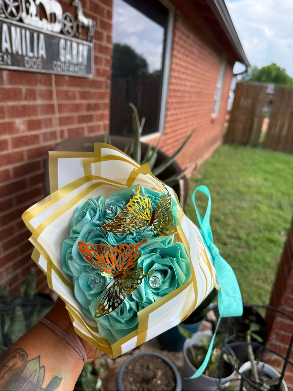 Handcrafted Turquoise Ribbon Rose Bouquet with Gold Butterfly Accents